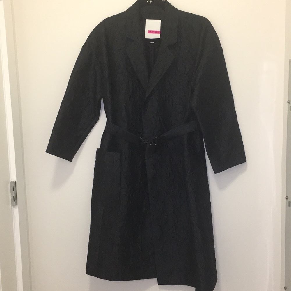 Tracy Reese Textured Long Black Coat w/ Belt